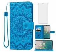 Asuwish Phone Case for Nokia C32 / Nokia C32 4G 6.5" Wallet with Tempered Glass Screen Protector and Sunflower Leather Slim Flip Cover Card Holder Stand Cell Accessories NokiaC32 Women Men Blue