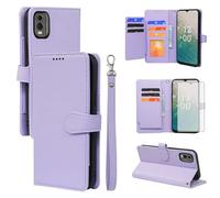 Asuwish Phone Case for Nokia C32 Wallet Cover and Tempered Glass Screen Protector Leather Card Holder Slot Stand Rugged Mobile Flip Credit Soft TPU Cell Accessories NokiaC32 C 32 Women Men Purple