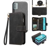 Asuwish Phone Case for Nokia G22 Zipper Wallet Detachable Magnetic Cell Cover with Tempered Glass Screen Protector Crossbody Lanyard Credit Strap Flip Card Holder Slot NokiaG22 G 22 Women Men Black
