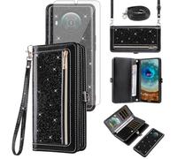 Asuwish Phone Case for Nokia X10/X20 Zipper Wallet Detachable Cell Cover with Tempered Glass Screen Protector Crossbody Strap Bling Glitter Flip Card Holder NokiaX10 10X NokiaX20 5G Women Girls Black
