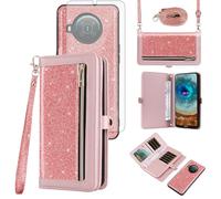 Asuwish Phone Case for Nokia X10/X20 Zipper Wallet Detachable Cell Cover with Tempered Glass Screen Protector Crossbody Strap Bling Glitter Flip Card Holder NokiaX10 10X NokiaX20 5G Women Girls Pink