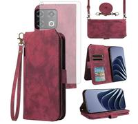 Asuwish Phone Case for OnePlus 10 Pro One Plus 10Pro 5G Wallet Cell Cover with Tempered Glass Screen Protector Crossbody Lanyard Strap Flip Card Holder On 1Plus 1 + Plus10 1+ Pro Ten Women Men Red
