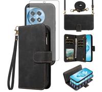 Asuwish Phone Case for OnePlus 12R 5G/Ace 3 2024 Zipper Wallet Detachable Magnetic Cover with Tempered Glass Screen Protector Crossbody Lanyard Strap Card Holder Slot One+ 12 R R12 Ace3 Women Black