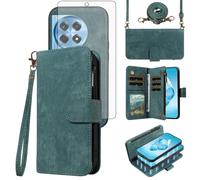 Asuwish Phone Case for OnePlus 12R 5G/Ace 3 2024 Zipper Wallet Detachable Magnetic Cover with Tempered Glass Screen Protector Crossbody Lanyard Strap Card Holder Slot One+ 12 R R12 Ace3 Women Men Blue