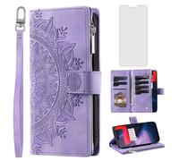 Asuwish Phone Case for OnePlus 6 Wallet Cover With Tempered Glass Screen Protector and Mandala Flower Leather Flip Zipper Card Holder Cell OnePlus6 A6000 One Plus6 1 Plus 1plus Six One+ 1+ 6 Purple