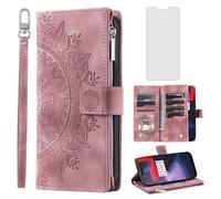 Asuwish Phone Case for OnePlus 6 Wallet Cover With Tempered Glass Screen Protector and Mandala Flower Leather Flip Zipper Card Holder Cell OnePlus6 A6000 One Plus6 1 Plus 1plus Six One+ 1+ 6 Rose Gold