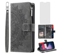Asuwish Phone Case for OnePlus 6 Wallet Cover With Tempered Glass Screen Protector and Wrist Strap Mandala Flower Flip Zipper Card Holder Cell OnePlus6 A6000 One Plus6 1 Plus 1plus Six One+ 1+ 6 Grey