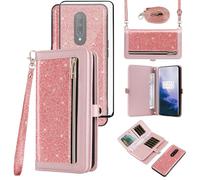 Asuwish Phone Case for OnePlus 7 Pro Zipper Wallet Cell Cover with Screen Protector Strap Bling Glitter Flip Card Holder Slot OnePlus7Pro 5G One Plus 1+7 1Plus OnePlus7 7Pro One+ 1 + Seven Women Pink