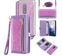 Asuwish Phone Case for OnePlus 7 Pro Zipper Wallet Cell Cover with Screen Protector Strap Bling Glitter Flip Card Holder OnePlus7Pro 5G One Plus 1+7 1Plus OnePlus7 7Pro One+ 1 + Seven Women Purple