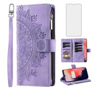 Asuwish Phone Case for OnePlus 7T Wallet Cover With Tempered Glass Screen Protector and Wrist Strap Mandala Flower Flip Zipper Card Holder Cell OnePlus7t 5G One Plus7T 1 Plus T7 1plus + 1+ 1+7T Purple