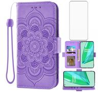 Asuwish Phone Case for OnePlus 9 Pro One Plus 9Pro 5G Wallet Cover with Tempered Glass Screen Protector and Flip Credit Card Holder Cell Accessories On 1Plus 1 + Plus9 1+ Pro Nine Women Men Purple