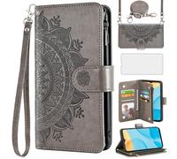 Asuwish Phone Case for OPPO A16/A16S/A54s Wallet Flip Cover with Tempered Glass Screen Protector and Mandala Flower Leather Credit Card Holder Stand Cell Accessories Soft CPH2273 Women Girls Gray