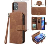 Asuwish Phone Case for OPPO A16/A16S/A54s Zipper Wallet Detachable Magnetic Cell Cover with Tempered Glass Screen Protector Crossbody Lanyard Credit Strap Flip Card Holder Slot CPH2273 Women Men Brown