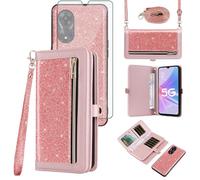 Asuwish Phone Case for OPPO A58 5G/A78 5G/A58X/A1X Zipper Wallet Detachable Cell Cover with Tempered Glass Screen Protector Crossbody Strap Bling Glitter Flip Card Holder Slot A 78 CPH2483 Women Pink