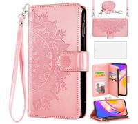 Asuwish Phone Case for OPPO A94 5G/A95 5G/Reno 5Z/F19 Pro+ Plus Wallet Flip Cover with Tempered Glass Screen Protector and Mandala Flower Leather Credit Card Holder Cell Reno5 Z Women Girls Rose Gold
