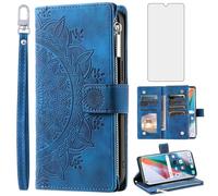 Asuwish Phone Case for OPPO Find X3/X3 Pro 5G Wallet Cover With Tempered Glass Screen Protector and Wrist Strap Mandala Flower Leather Flip Zipper Credit Card Holder Cell FindX3 3X X3Pro CPH2173 Blue