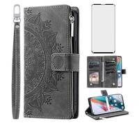 Asuwish Phone Case for OPPO Find X3/X3 Pro 5G Wallet Cover With Tempered Glass Screen Protector and Wrist Strap Mandala Flower Leather Flip Zipper Credit Card Holder Cell FindX3 3X X3Pro CPH2173 Grey