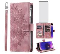Asuwish Phone Case for OPPO Find X5 Pro Wallet Cover With Tempered Glass Screen Protector and Wrist Strap Mandala Flower Leather Flip Zipper Credit Card Holder Stand Cell FindX5Pro 5G Women Rose Gold