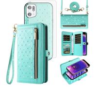Asuwish Phone Case for OPPO Find X5 Pro Zipper Wallet Detachable Cell Cover with Screen Protector Crossbody Lanyard Strap Bling Glitter Flip Credit Card Holder Slots FindX5Pro 5G Women Men Girls Teal