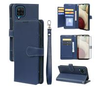 Asuwish Phone Case for Samsung Galaxy A12/M12 Wallet Cover and Tempered Glass Screen Protector Leather Card Holder Slot Stand Rugged Mobile Cell Accessories A 12 5G A-12 S12 12A 4G Women Men Blue
