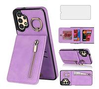 Asuwish Phone Case for Samsung Galaxy A13 4G/5G Wallet Cover with Tempered Glass Screen Protector and Cell Zipper RFID Card Holder Slot Ring Kickstand A04s M13 G5 A 13 LTE 13A 2022 SM Women Men Purple