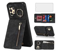 Asuwish Phone Case for Samsung Galaxy A13 4G/5G Wallet Cover with Tempered Glass Screen Protector and Cell Zipper RFID Card Holder Slot Ring Kickstand A04s M13 G5 A 13 LTE 13A 2022 SM Women Men Black