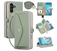 Asuwish Phone Case for Samsung Galaxy A15 5G/4G Zipper Wallet Cell Cover with Screen Protector Crossbody Shoulder Strap Makeup Mirror Flip Credit Card Holder A 15 G5 15A SM-A156U A156B Women Green