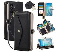 Asuwish Phone Case for Samsung Galaxy A15 5G/4G Zipper Wallet Cell Cover with Screen Protector Crossbody Shoulder Strap Makeup Mirror Flip Credit Card Holder A 15 G5 15A SM-A156U A156B Women Black