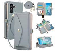 Asuwish Phone Case for Samsung Galaxy A15 5G/4G Zipper Wallet Cell Cover with Screen Protector Crossbody Shoulder Strap Makeup Mirror Flip Credit Card Holder Slot A 15 G5 15A SM-A156U A156B Women Blue