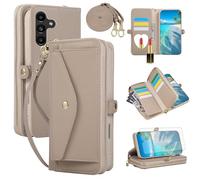 Asuwish Phone Case for Samsung Galaxy A15 5G/4G Zipper Wallet Cell Cover with Screen Protector Crossbody Shoulder Strap Makeup Mirror Flip Credit Card Holder A 15 G5 15A SM-A156U A156B Women Khaki
