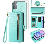 Asuwish Phone Case for Samsung Galaxy A15 5G/4G Zipper Wallet Detachable Magnetic Cell Cover with Tempered Glass Screen Protector Crossbody Strap Bling Flip Credit Card Holder A 15 G5 15A Women Teal