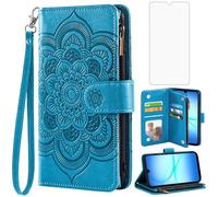 Asuwish Phone Case for Samsung Galaxy A17 5G Wallet Cover with Tempered Glass Screen Protector and Flower PU Leather Flip Credit Card Holder Stand Lanyard Cell Accessories A 17 17A 4G Women Men Blue