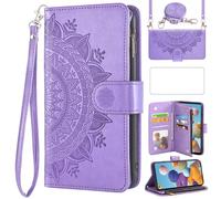 Asuwish Phone Case for Samsung Galaxy A21S Wallet Flip Cover with Tempered Glass Screen Protector and Mandala Flower Leather Credit Card Holder Stand Cell Accessories Soft A 21S Women Girls Purple