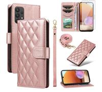 Asuwish Phone Case for Samsung Galaxy A32 4G 6.4 inch Wallet Cover with Tempered Glass Screen Protector and Wrist Strap Lanyard Card Holder Slot Stand Flip A 32 32A S32 SM-A325M/DS Women Men Rose Gold