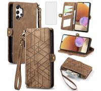 Asuwish Phone Case for Samsung Galaxy A32 4G 6.4 inch Wallet Cover with Tempered Glass Screen Protector and Flip Zipper Credit Card Holder Cell Accessories A 32 32A S32 G4 SM-A325M/DS Women Men Brown