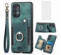 Asuwish Phone Case for Samsung Galaxy A32 4G 6.4 inch Wallet Cover with Tempered Glass Screen Protector and Wrist Strap Lanyard RFID Card Holder Ring Stand A 32 32A S32 G4 SM-A325M/DS Women Men Green