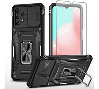 Asuwish Phone Case for Samsung Galaxy A32 5G 2021 6.5 inch with Tempered Glass Screen Protector and Slide Camera Cover Ring Holder Kickstand Hybrid M32 A 32 32A S32 SM-A326U A326U Women Men Black