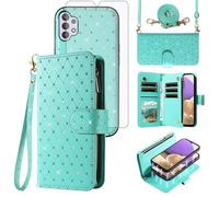 Asuwish Phone Case for Samsung Galaxy A32 5G 2021 6.5 inch Zipper Wallet Detachable Cover with Screen Protector Crossbody Lanyard Strap Card Holder Slots M32 G5 A 32 32A S32 SM-A326U A326U Women Teal