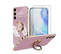 Asuwish Phone Case for Samsung Galaxy A35 5G and Ring Holder Kickstand with Tempered Glass Screen Protector Cover Slim Soft Silicone Hybrid Cell Accessories Protective A 35 35A A355G Women Men Purple