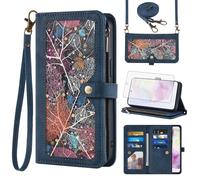 Asuwish Phone Case for Samsung Galaxy A35 5G Wallet Cover With Screen Protector and Crossbody Wrist Strap Leather Flip Pattern Zipper Credit Card Holder Stand Cell SM-A356E A356B A356U Women Men Blue