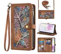 Asuwish Phone Case for Samsung Galaxy A35 5G Wallet Cover With Screen Protector and Crossbody Wrist Strap Leather Flip Pattern Zipper Credit Card Holder Stand Cell SM-A356E A356B A356U Women Men Brown