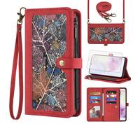 Asuwish Phone Case for Samsung Galaxy A35 5G Wallet Cover With Screen Protector and Crossbody Wrist Strap Leather Flip Pattern Zipper Credit Card Holder Stand Cell SM-A356E A356B A356U Women Men Red