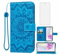 Asuwish Phone Case for Samsung Galaxy A35 5G Wallet with Tempered Glass Screen Protector and Leather Slim Flip Cover Card Holder Stand Cell Accessories A 35 A355G SM-A356E A356B A356U Women Men Blue