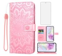 Asuwish Phone Case for Samsung Galaxy A35 5G Wallet with Tempered Glass Screen Protector and Leather Slim Flip Cover Card Holder Stand Cell Accessories A 35 A355G SM-A356E A356B A356U Women Rose Gold