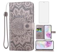 Asuwish Phone Case for Samsung Galaxy A35 5G Wallet with Tempered Glass Screen Protector and Leather Slim Flip Cover Card Holder Stand Cell Accessories A 35 A355G SM-A356E A356B A356U Women Men Gray