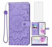 Asuwish Phone Case for Samsung Galaxy A35 5G Wallet with Tempered Glass Screen Protector and Leather Slim Flip Cover Card Holder Stand Cell Accessories A 35 A355G SM-A356E A356B A356U Women Purple
