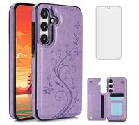 Asuwish Phone Case for Samsung Galaxy A35 5G with Tempered Glass Screen Protector and Card Holder Wallet Cover Stand Flip Leather Cell Accessories Glaxay A 35 35A A355G SM-A356U A356E Women Purple