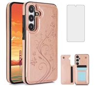 Asuwish Phone Case for Samsung Galaxy A35 5G with Tempered Glass Screen Protector and Card Holder Wallet Cover Stand Flip Leather Cell Accessories Glaxay A 35 35A A355G SM-A356U A356E Women Rose Gold