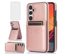 Asuwish Phone Case for Samsung Galaxy A35 5G with Tempered Glass Screen Protector Credit Card Holder Wallet Cover Stand Leather Cell Accessories Glaxay A 35 35A A355G SM-A356U A356E Women Rose Gold