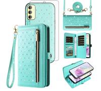 Asuwish Phone Case for Samsung Galaxy A35 5G Zipper Wallet Detachable Magnetic Cell Cover with Tempered Glass Screen Protector Crossbody Strap Bling Flip Credit Card Holder A 35 35A A355G Women Teal